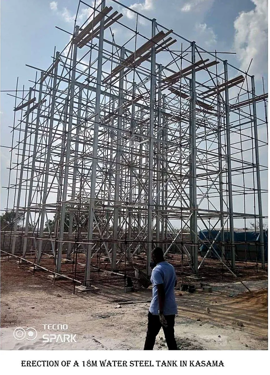 18-metre elevated steel water tank under construction in Kasama
